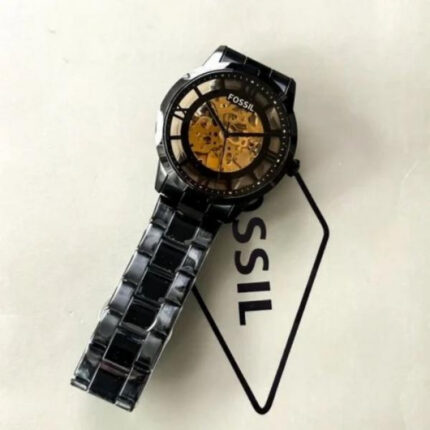 Fossil Automatic Skeleton Black Stainless Steel Watch with Gold Dial