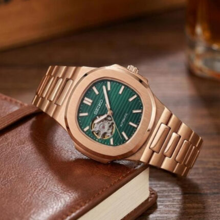 Seiko Mod Nautilus Automatic Green Dial Rose Gold Stainless Steel Watch