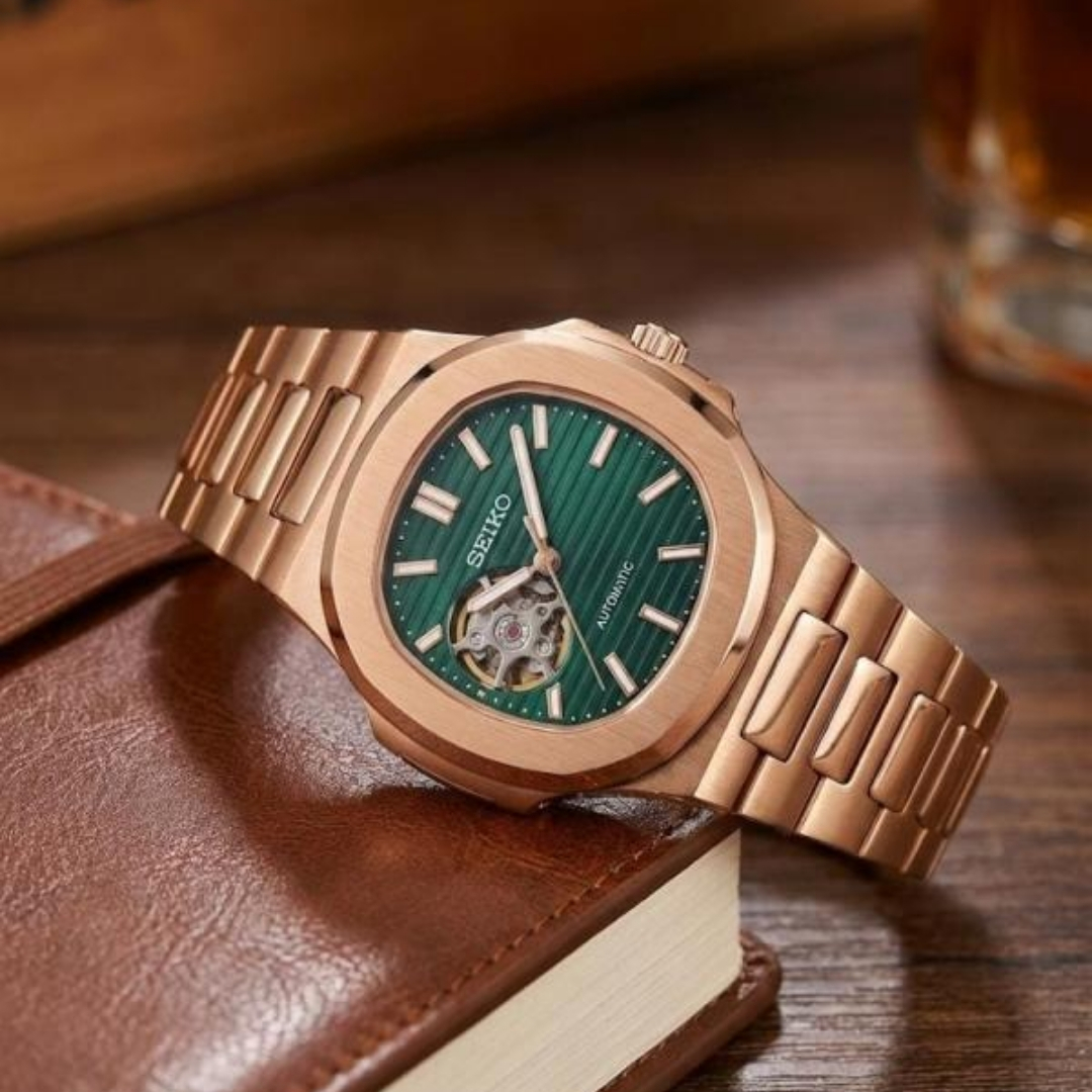 Seiko Mod Nautilus Green Dial Automatic Watch Seiko Mod Nautilus Automatic Green Dial Rose Gold Stainless Steel Watch