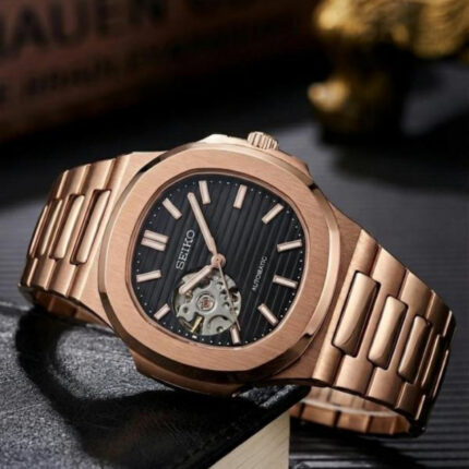 Seiko Mod Nautilus Automatic Black Dial Rose Gold Stainless Steel Watch