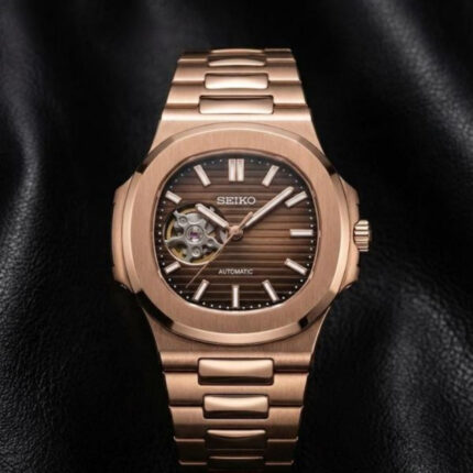 Seiko Mod Nautilus Automatic Brown Dial Rose Gold Stainless Steel Watch