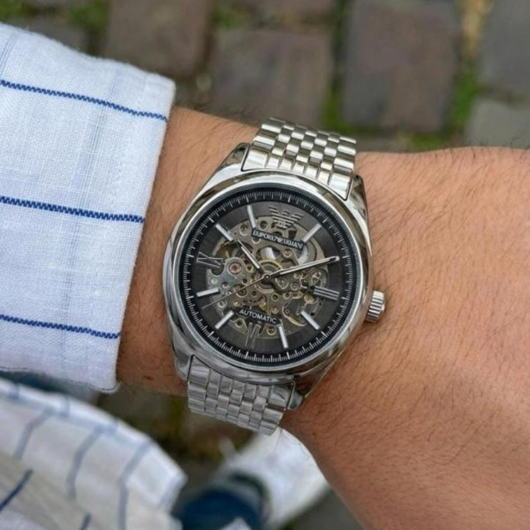 Emporio Armani Silver Skeleton Automatic Watch Emporio Armani Automatic Skeleton Dial Stainless Steel Watch for Men