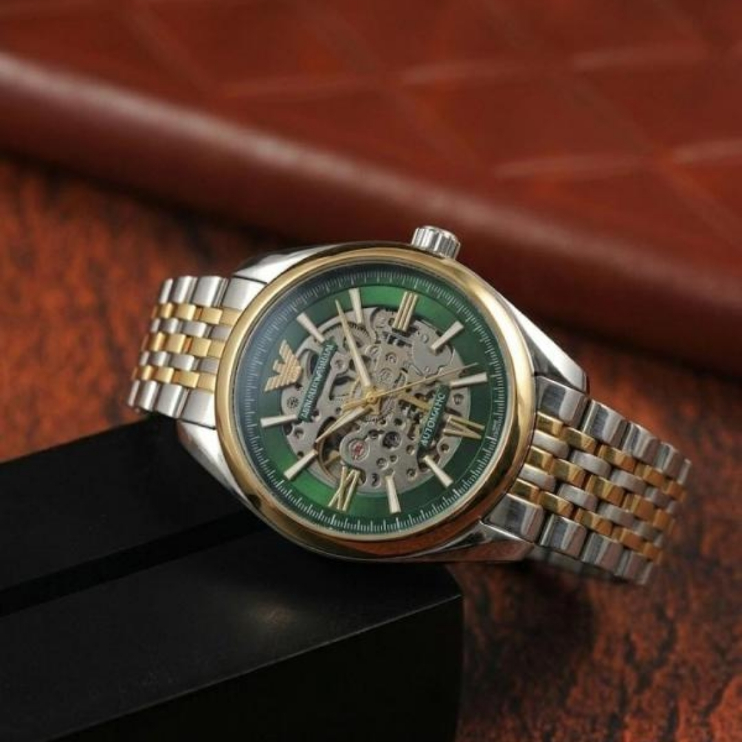 Emporio Armani Gold Skeleton Automatic Watch Emporio Armani Automatic Gold Skeleton Dial Two Tone Watch for Men