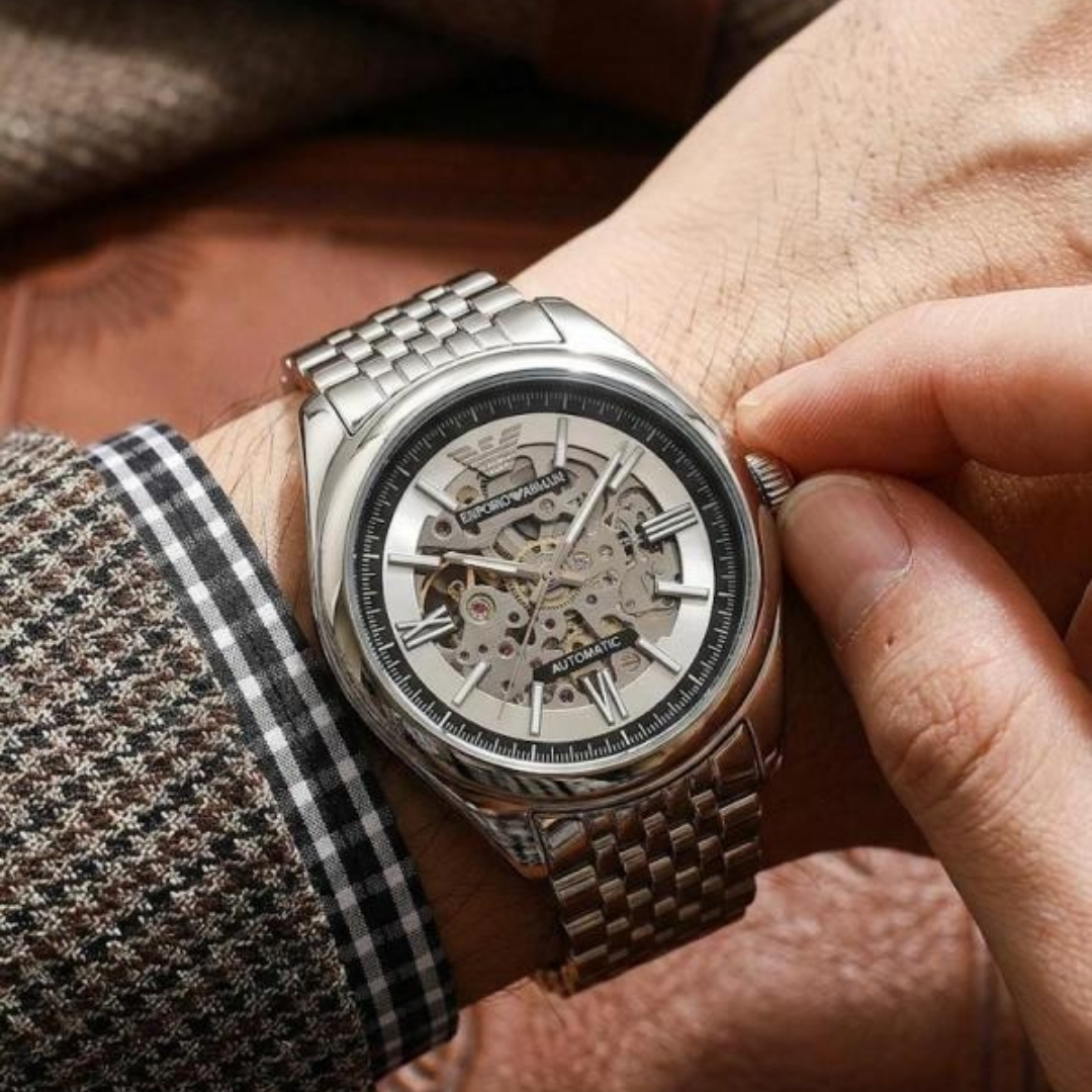 Emporio Armani Silver Skeleton Automatic Watch Emporio Armani Automatic Skeleton Dial Stainless Steel Watch for Men