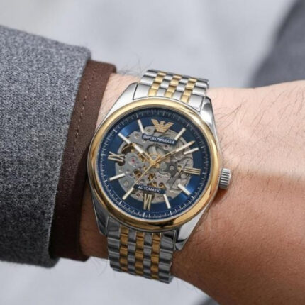Emporio Armani Automatic Gold Blue Skeleton Dial Two Tone Watch for Men