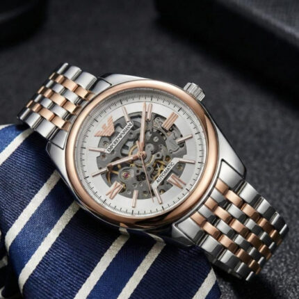 Emporio Armani Automatic Copper Skeleton Dial Two Tone Stainless Steel Watch for Men