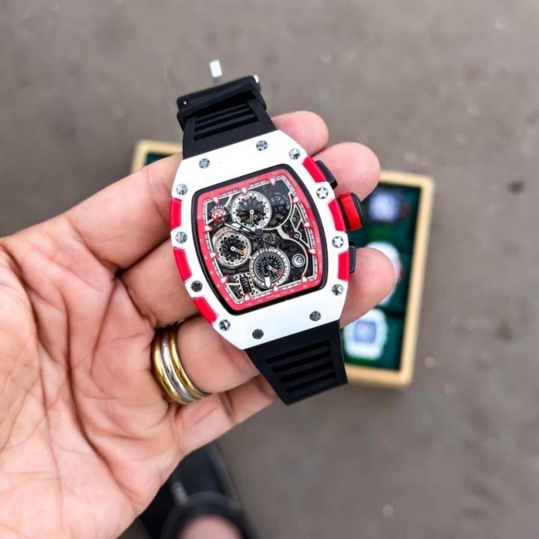 Richard Mille White Chronograph Watch Richard Mille Chronograph White Case Skeleton Dial Black Rubber Strap Watch