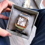 Guess Two Tone Rose Gold White Square Watch