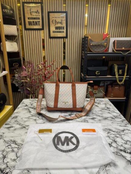 Michael Kors Logo Signature Satchel Handbag (Beige) with Dust Bag | Premium Designer Monogram Tote for Women.