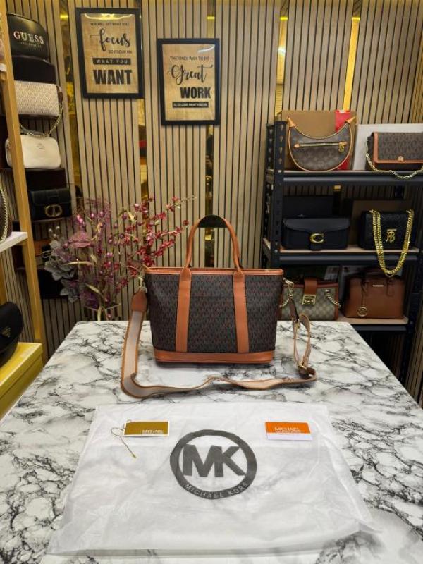 698ddd68c157a1 Michael Kors Logo Signature Satchel Handbag (Brown) with Dust Bag | Premium Designer Monogram Tote for Women. - Image 1