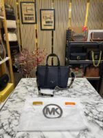 Michael Kors Logo Signature Satchel Handbag (Black) with Dust Bag | Premium Designer Monogram Tote for Women.