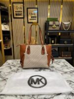 Michael Kors Voyager Premium Quality Tote Bag Beige Brown | MK Signature Designer Tote with Dust Bag. - Image 2