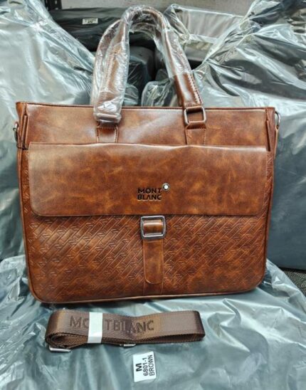 Mont Blanc Textured Flap Strap Leather Laptop Bag for Men | Premium Office Briefcase with Shoulder Strap.