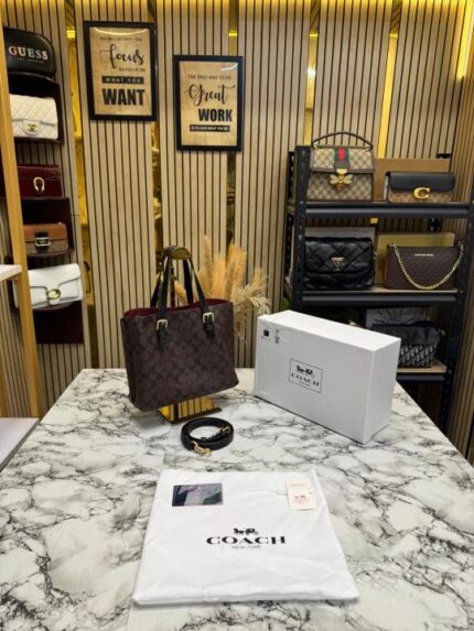 Coach Mollie Tote Bag With Original Box & Dust Bag (Coffee) – Premium Designer Shoulder Handbag for Women.