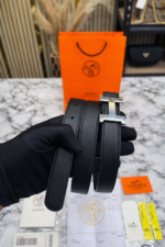 plain leather belt with silver h buckle for men