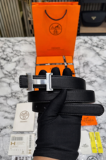 Silver H Buckle Leather Belt with Box and Dust Bag