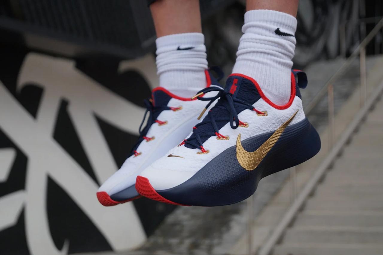 Nike White Navy Gold Basketball Shoes Front Look Nike white navy gold basketball shoes front look