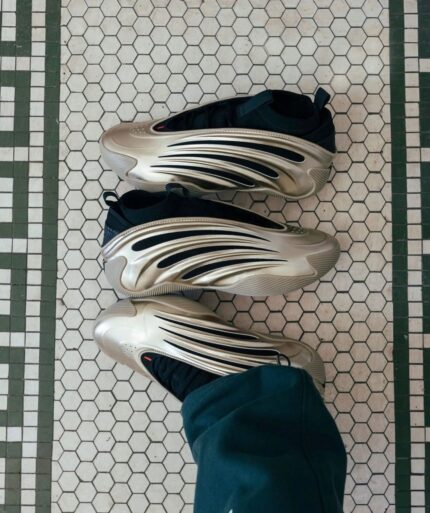 Metallic silver basketball shoes for men top view on feet