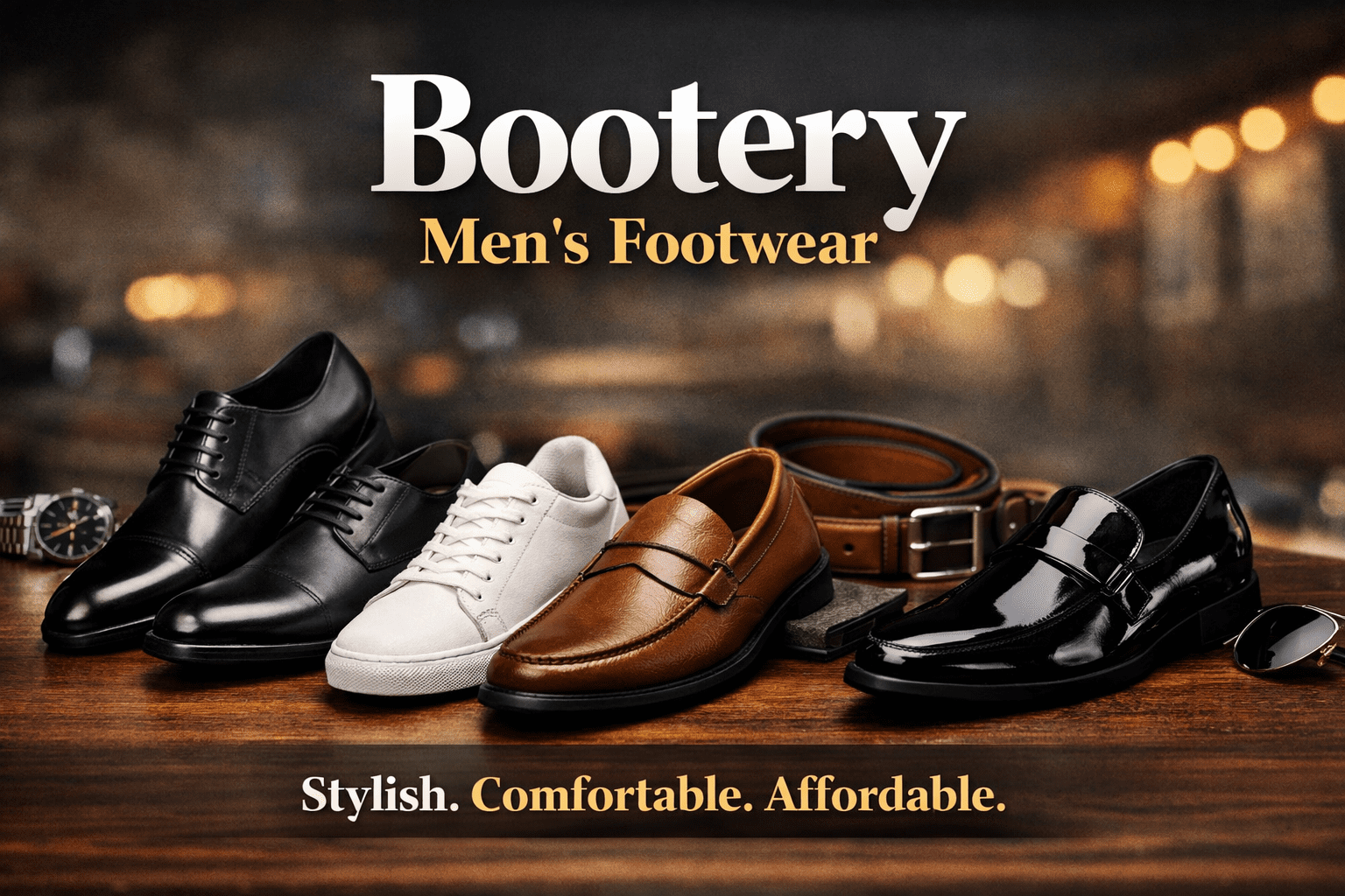 Bootery men’s footwear collection featuring formal shoes, sneakers, loafers, and party wear shoes on display