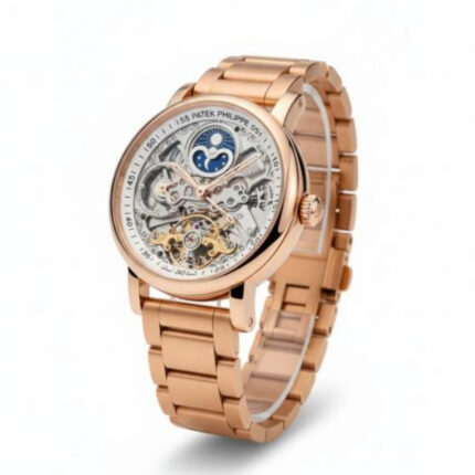 Patek Philippe Skeleton Moonphase Rose Gold Stainless Steel Automatic Men’s Watch