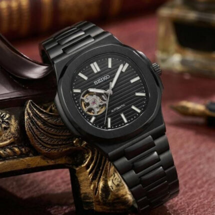 Seiko Mod Nautilus Automatic Black Stainless Steel Skeleton Dial Men’s Watch