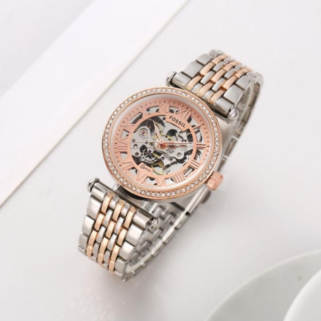 Fossil Lyric Automatic Rose Gold Watch Fossil Lyric Automatic Rose Gold Skeleton Dial Two Tone Women’s Watch