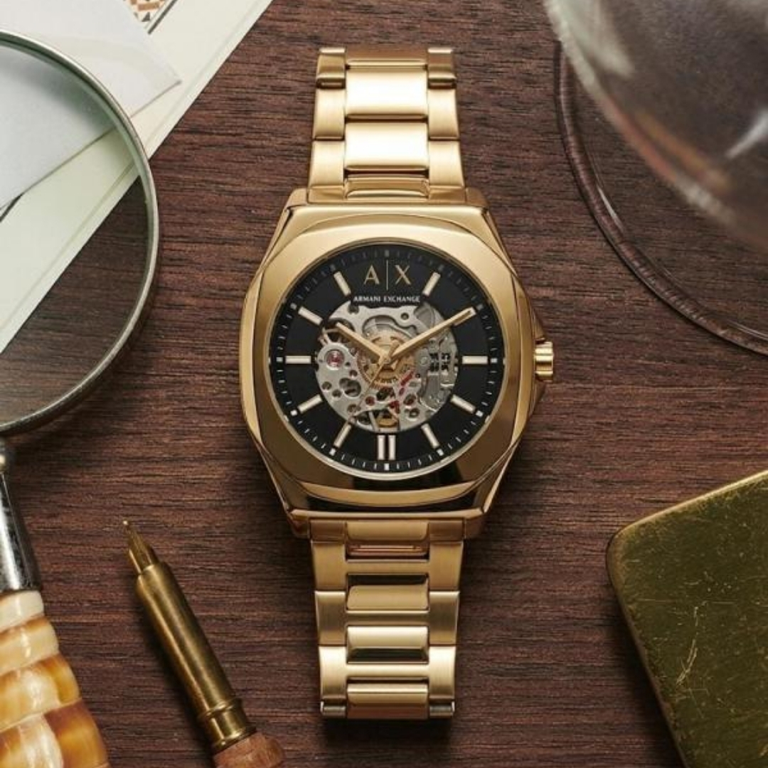 Armani Exchange Gold Skeleton Dial Luxury Watch Armani Exchange Skeleton Dial Gold Stainless Steel Men's Watch