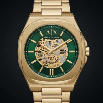 Armani Exchange Skeleton Dial Green Gold Stainless Steel Men's Watch