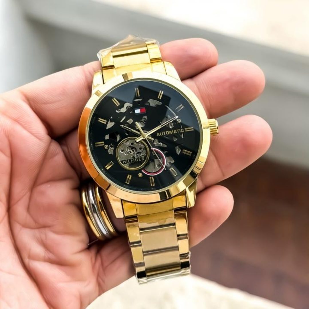 Tommy Hilfiger Gold Automatic Skeleton Watch Black Dial