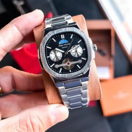 Patek Philippe Silver Stainless Steel Black Dial Luxury Watch for Men