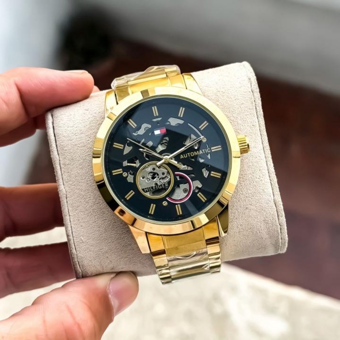 Tommy Hilfiger Automatic Skeleton Gold Black Men's Watch