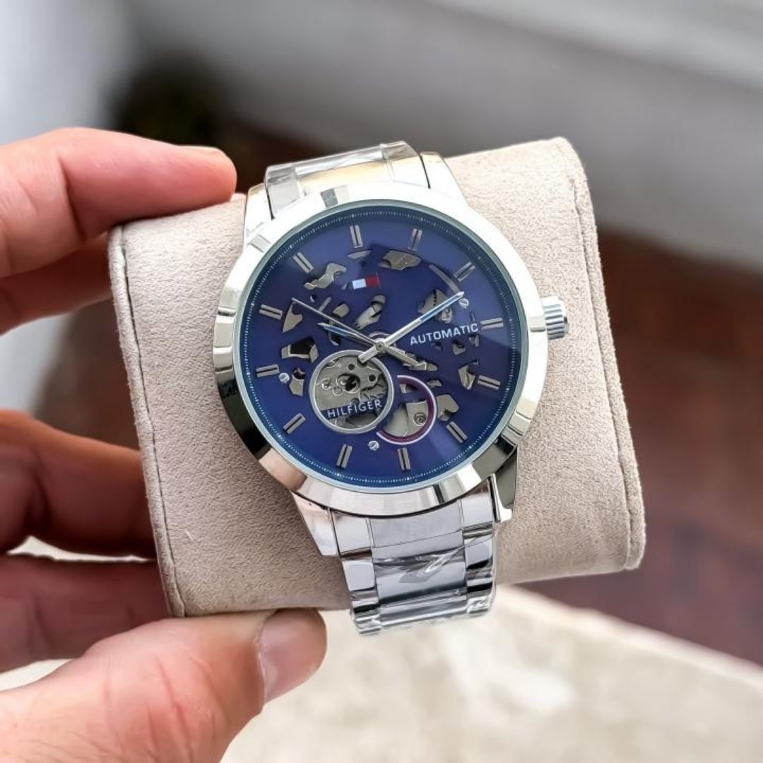 Tommy Hilfiger Automatic Skeleton Silver Blue Watch for Men Luxury Design - Image 4