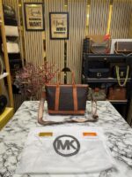 Michael Kors Logo Signature Satchel Handbag (Brown) – Premium MK Monogram Designer Bag with Dust Bag