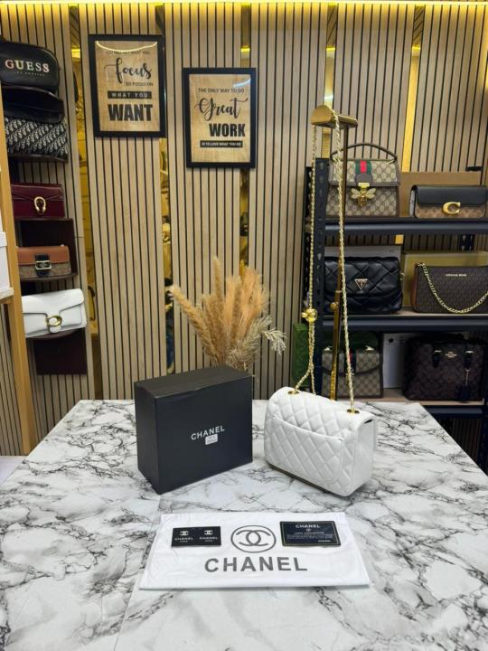 69a02b8042c971 Chanel Classic Flap Mini Quilted Chain Shoulder Bag (3015) – White CC Turn-Lock Designer Handbag with Dust Bag & Box - Image 1