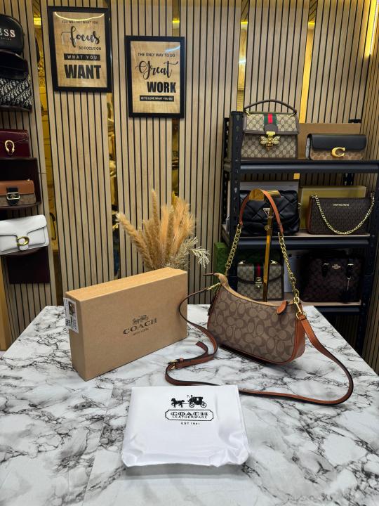 69a02e75d871a3 Coach Teri Signature Canvas Shoulder Bag (6603) Apricot Brown with Detachable Crossbody Strap & Dust Bag - Image 1