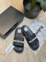 Balenciaga Logo Embossed Pool Black White Slides | Premium Stylish Slip-On Comfort Slides for Men & Women.