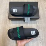 Balenciaga Logo Embossed Pool Black Green Slides | Premium Stylish Slip-On Comfort Slides for Men & Women.