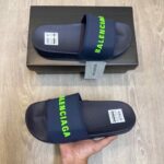 Balenciaga Logo Embossed Pool Navy Blue Neon Slides | Premium Stylish Slip-On Comfort Slides for Men & Women.