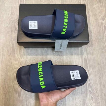 Balenciaga Logo Embossed Pool Navy Blue Neon Slides | Premium Stylish Slip-On Comfort Slides for Men & Women.