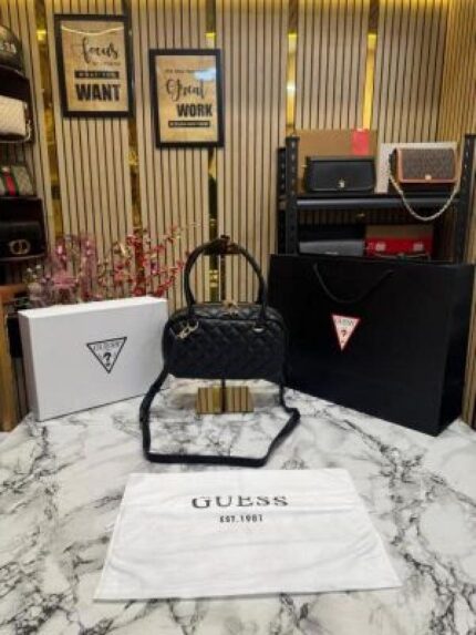 Guess Eco Rianee Shoulder Bag With Box, Dust Bag & Carry Bag (Black) – Premium Designer Shoulder Handbag for Women.