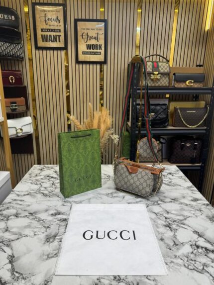 Gucci Ophidia GG Canvas Pochette With Dust Bag & Carry Bag (Brown) – Premium Designer Shoulder Pouch Bag for Women.