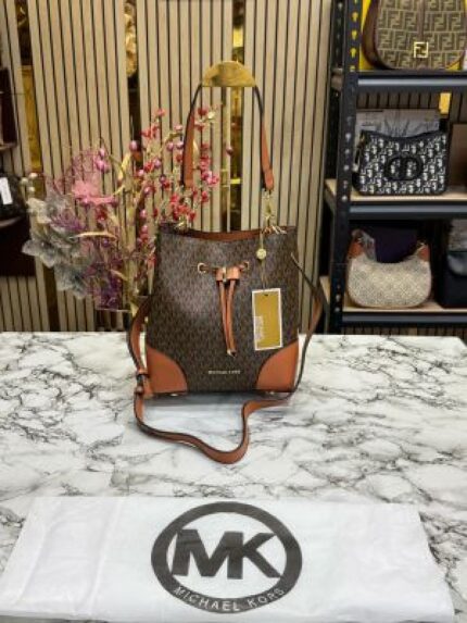 Michael Kors Mercer Premium Quality Bucket Bag With Dust Bag (Brown) – Luxury Designer Shoulder Bag for Women.