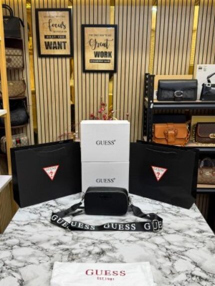 Guess Lainie Sling Bag With OG Box, Dust Bag & Carry Bag – Heavy Quality Designer Crossbody Bag for Women (Black).