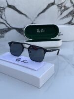 Black frame sunglasses with tinted lenses and case