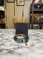 Calvin Klein Green Leather Belt with Silver CK Buckle