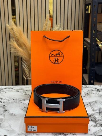 Hermes Black Leather Belt with Polished H Buckle
