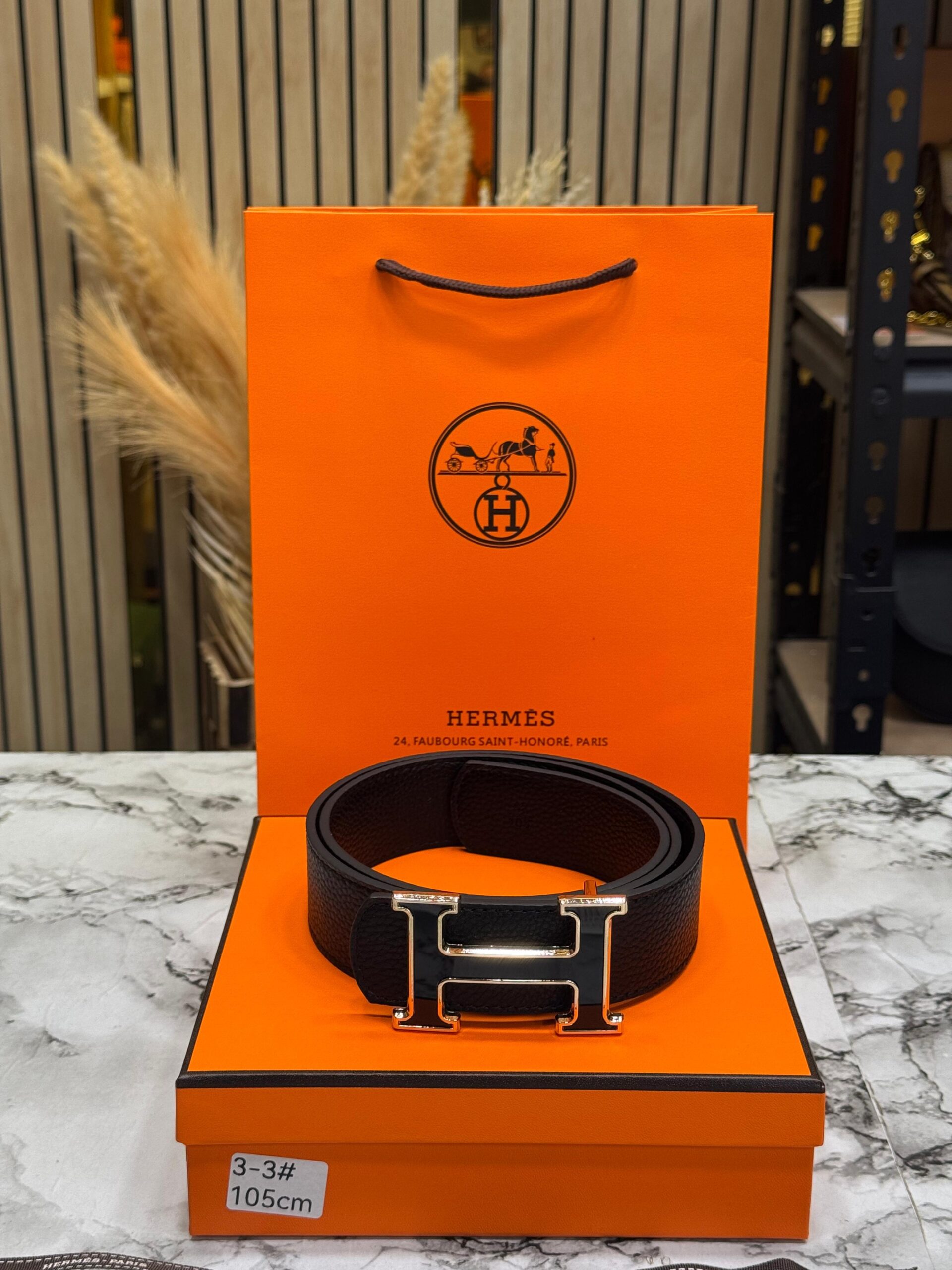 Hermes Black Leather Belt with Gold H Buckle Includes Box (1) Hermes Black Leather Belt with Gold H Buckle