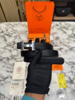 Hermes Silver H Belt with Carry Bag