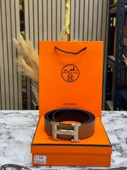 Hermes Tan Leather Belt with Polished H Buckle