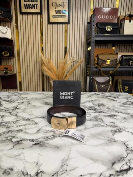 Mont Blanc black belt gold signature buckle fashion accessory